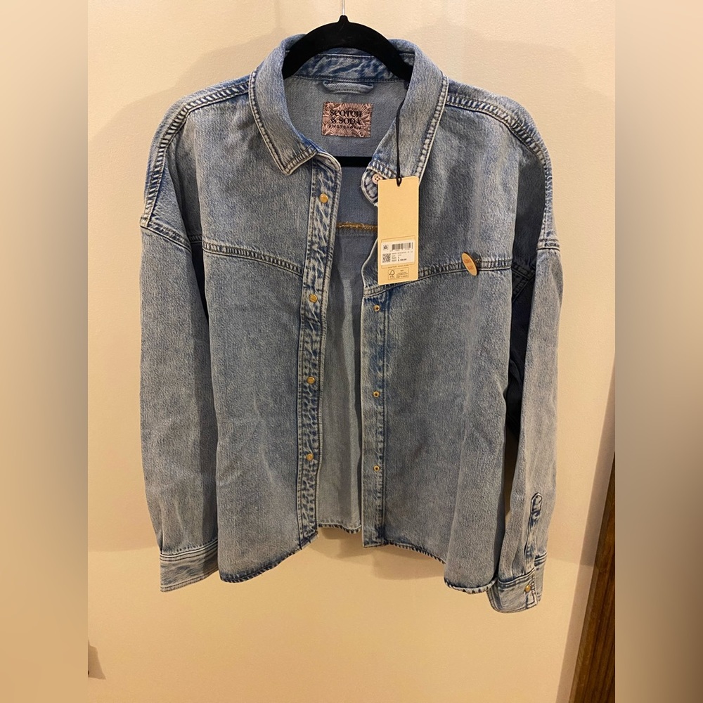 Scotch & Soda Denim Trucker Jacket with “Aloha Baby” Pin Size L NWT